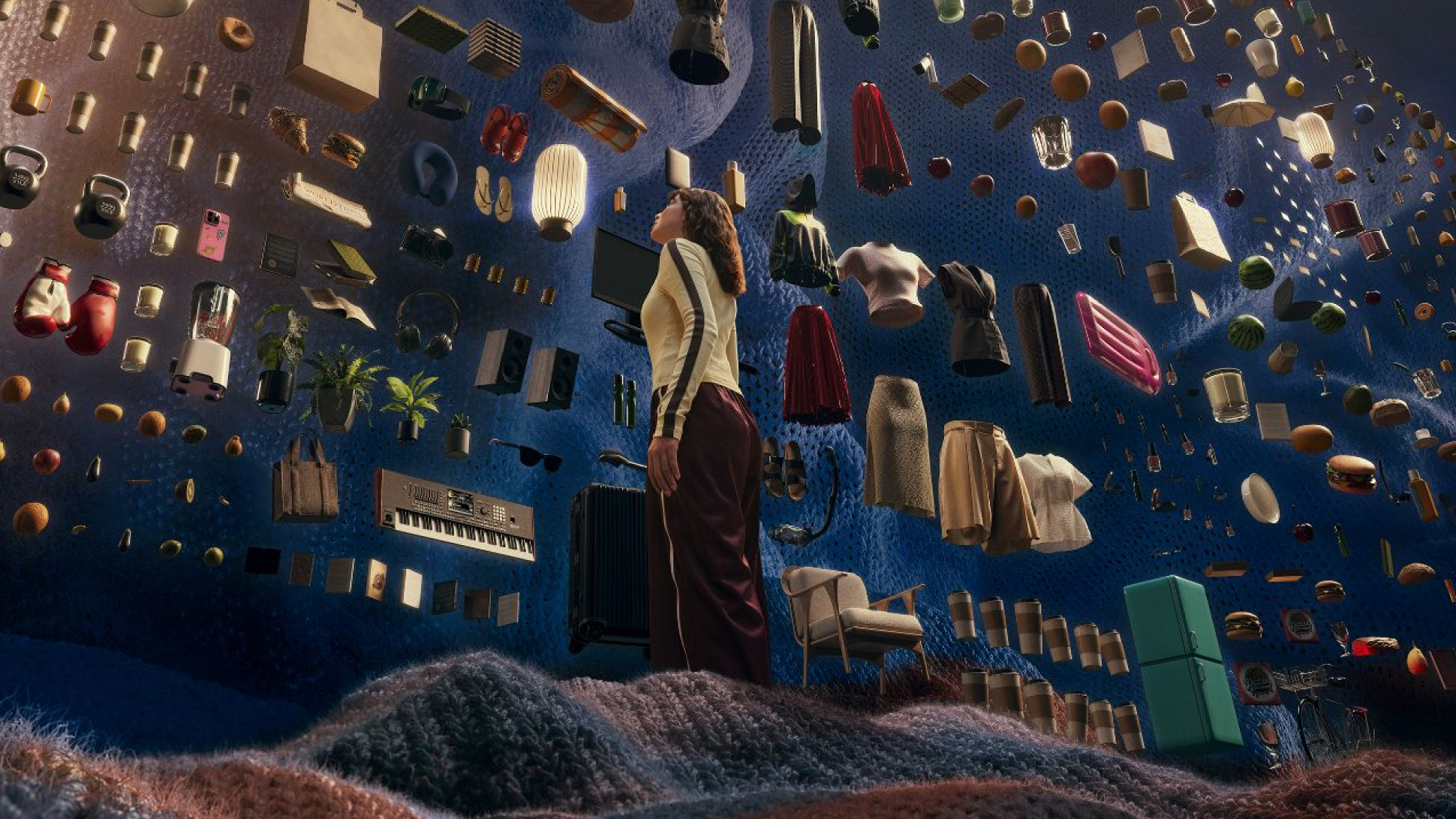 Protaganist looking at all their purchases