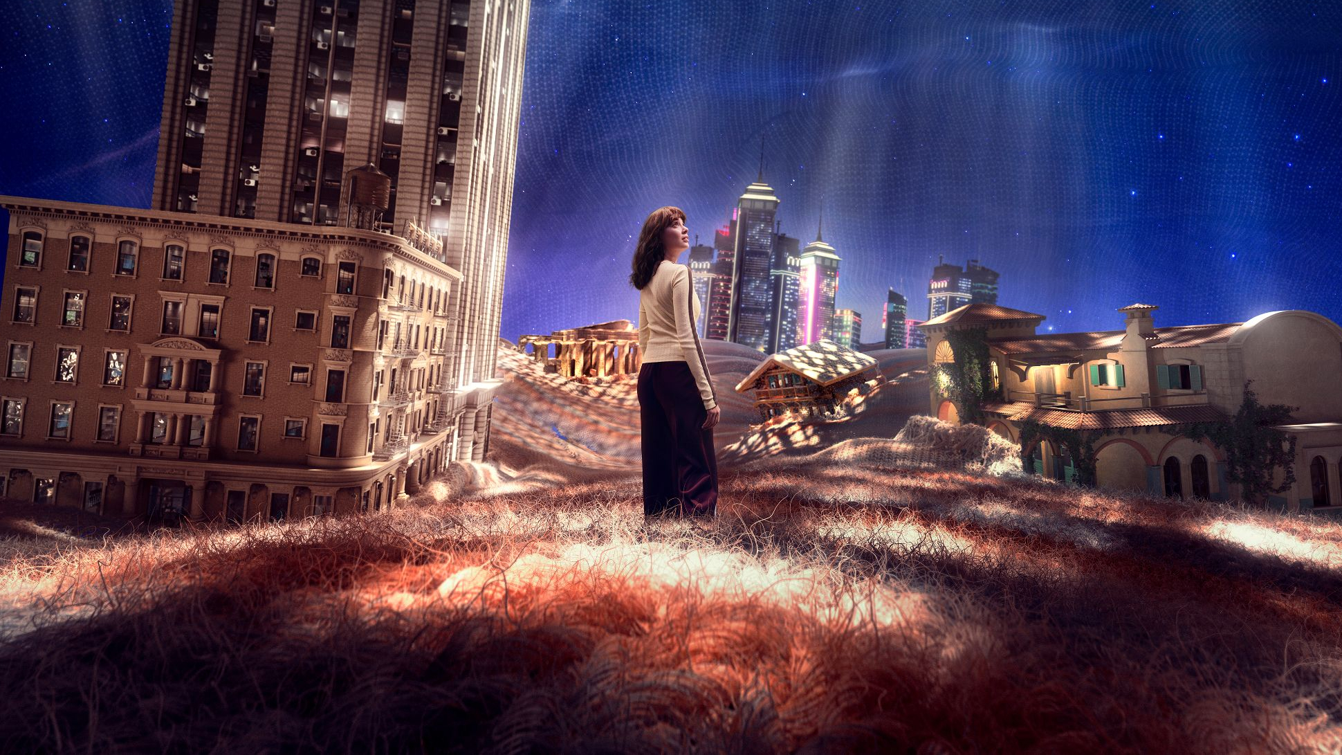 Protaganist looking up at the world in imagination